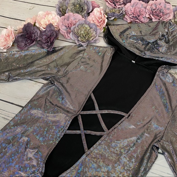 Silver Iridescent Hooded Deep V Holographic Laser Bodysuit Swimsuit - Picture 10 of 14